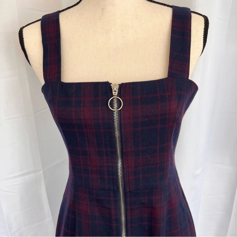 Forever 21 Navy Blue Red Plaid Front Zip Mini Dress Size Medium Sleeveless - Picture 7 of 7